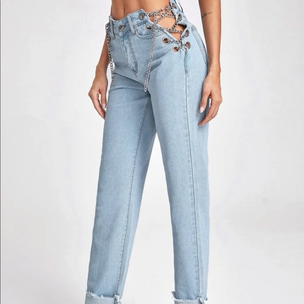 Chain lace up jeans